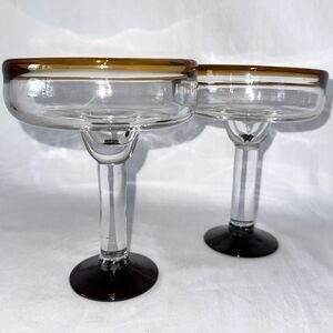 Hand Blown Mexican Brown Amber Rim Base Margarita Glasses Elegant Set of 2